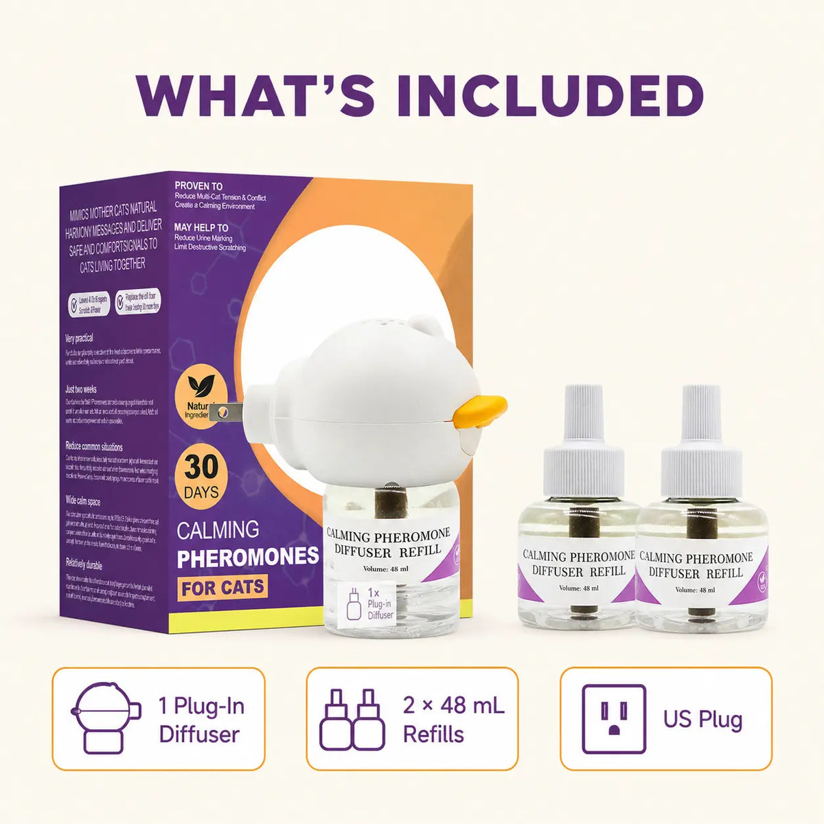 Cat Calming Pheromone Diffuser Kit with 48Ml Refill, Plug-In Cat Soothing Support for Indoor Cats, Helps Reduce Stress from Travel, Moving, Separation, Scratching and Multi-Cat Homes, Easy Daily Comfort Solution