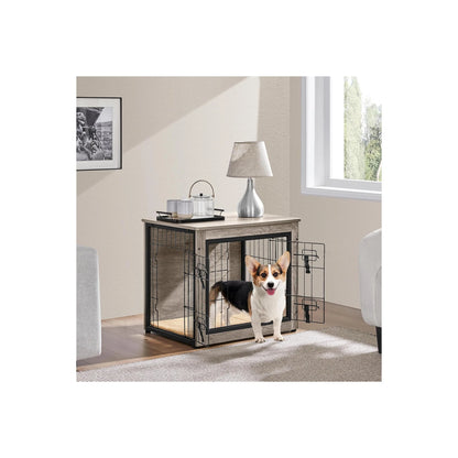 Dog Crate Furniture with Cushion Wooden Dog Crate with Double Doors/Adjustable Feet Side End Table for Small/Medium Dogs, Greige