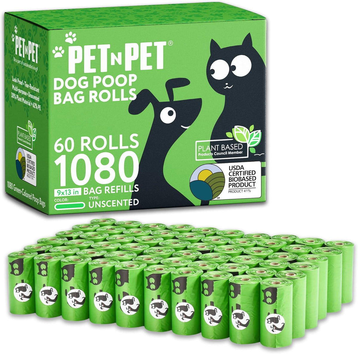 Dog Poop Bags, 1080 Count, 60 Rolls Green Unscented Pet Waste Bag