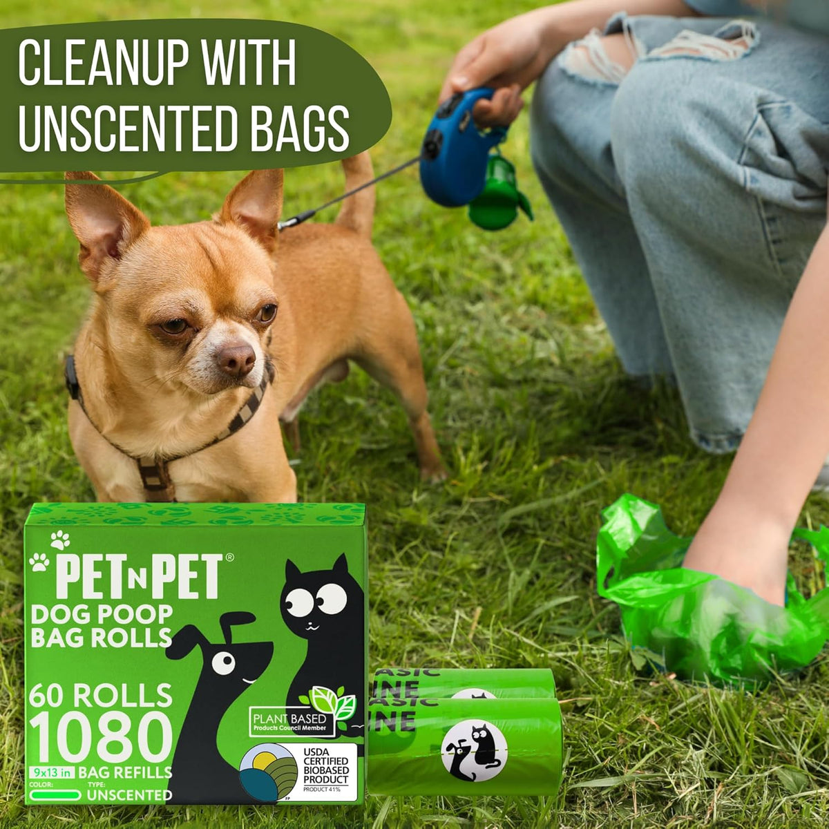 Dog Poop Bags, 1080 Count, 60 Rolls Green Unscented Pet Waste Bag