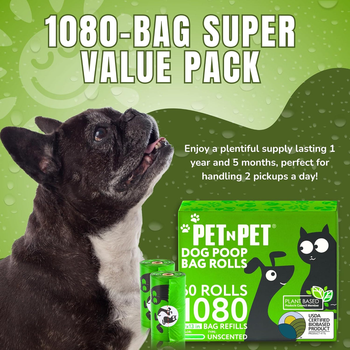 Dog Poop Bags, 1080 Count, 60 Rolls Green Unscented Pet Waste Bag