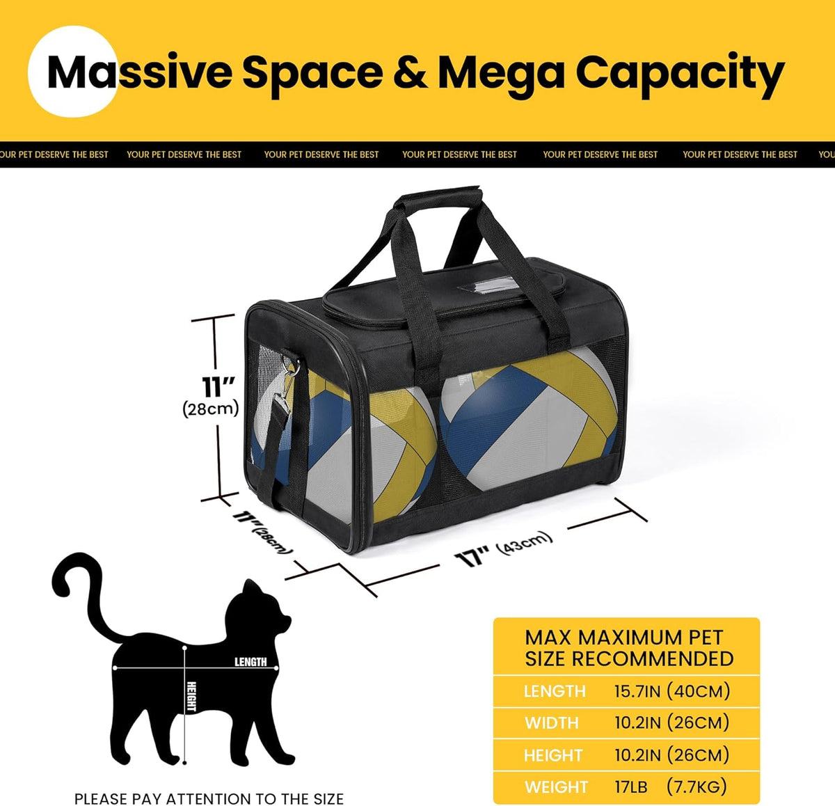 Cat Carrier Soft-Sided Pets Travel Carriers up to 15 Lbs,Black M