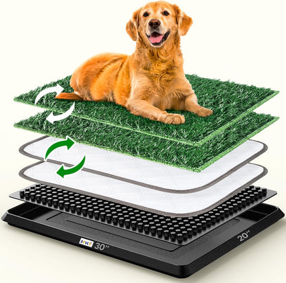 Super Absorbent Dog Grass Pad with Tray, 4-Layer Guard to Stop Leakage/Stink/Mess for Puppy Health, Reusable Washable Pee Pads for Dogs, Potty Training Dog Litter Box for Indoor Outdoor, 20"*30"