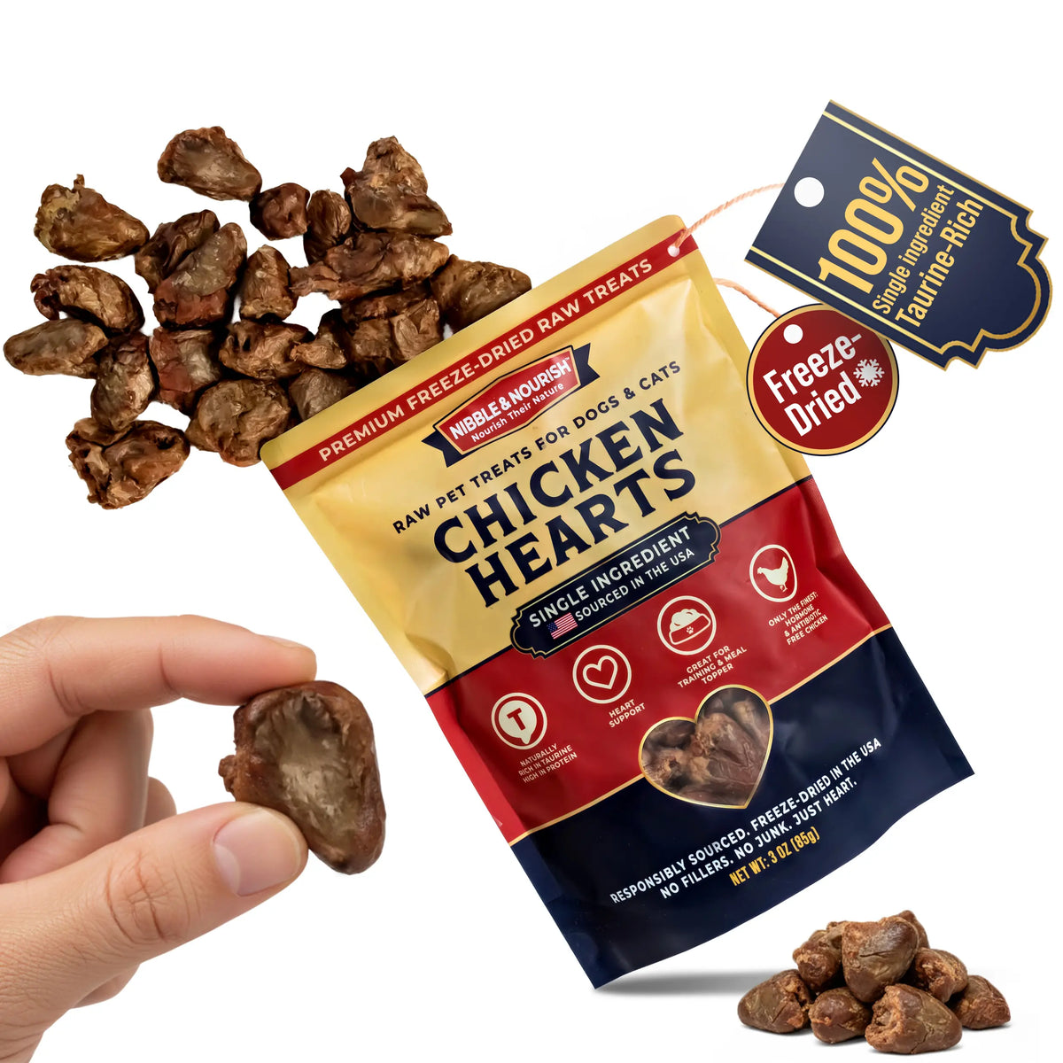 Nibble & Nourish Freeze-Dried Chicken Hearts Dog & Cat Treats – Single Ingredient Raw Pet Treats, Made in USA, High-Value Organ Meat for Training, Meal Toppers & Everyday Rewards, No Fillers or Preservatives