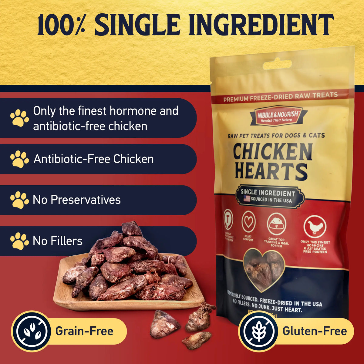 Nibble & Nourish Freeze-Dried Chicken Hearts Dog & Cat Treats – Single Ingredient Raw Pet Treats, Made in USA, High-Value Organ Meat for Training, Meal Toppers & Everyday Rewards, No Fillers or Preservatives