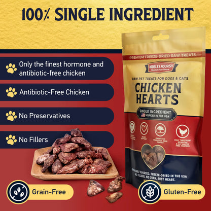 Nibble & Nourish Freeze-Dried Chicken Hearts Dog & Cat Treats – Single Ingredient Raw Pet Treats, Made in USA, High-Value Organ Meat for Training, Meal Toppers & Everyday Rewards, No Fillers or Preservatives